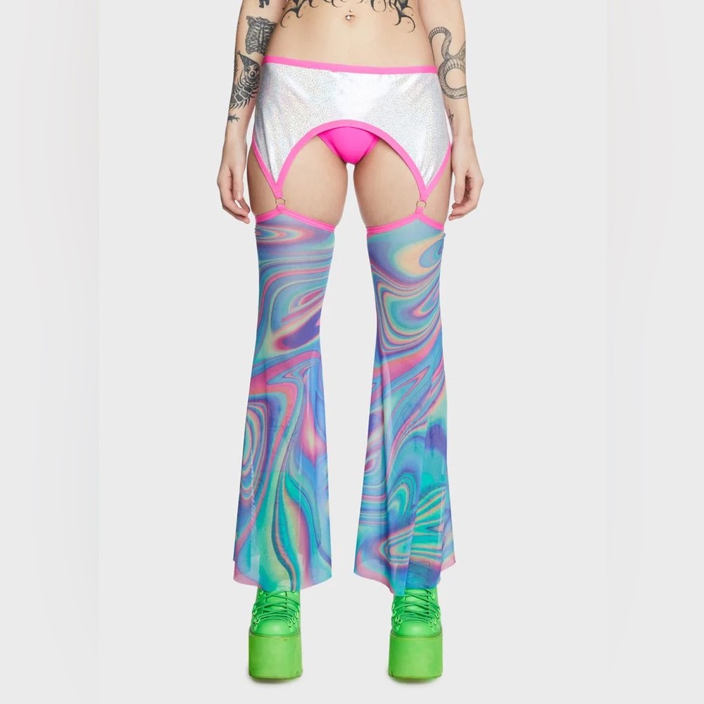 THE LYTE COUTURE Midnight Trip Sheer Garter Flared Bell Bottoms Rave Pants S